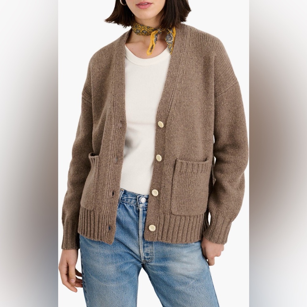 Alex Mill Emma Cardigan XL Lambswool Blend V-Neck Taupe Cozy Classic
